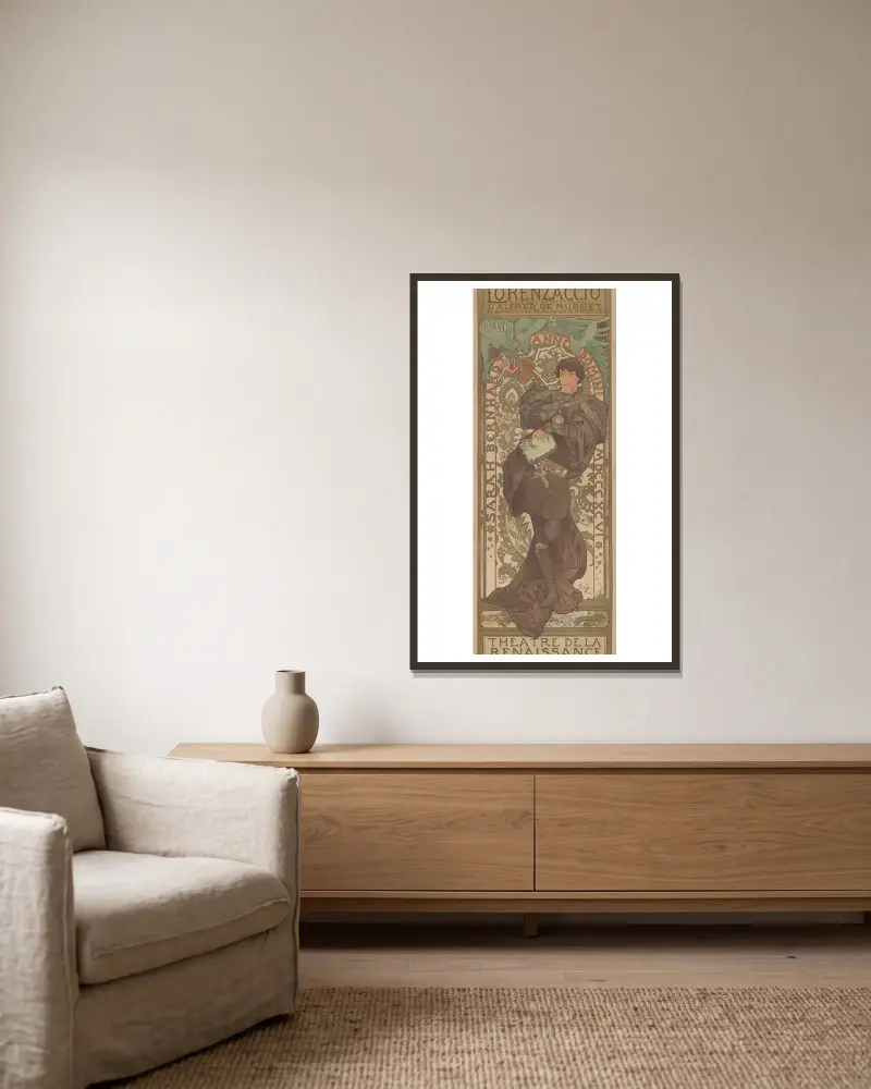 Sarah Bernhardt i Lorenzaccio, Théâtre de la Renaissance av Alphonse Mucha inramad på en vägg
