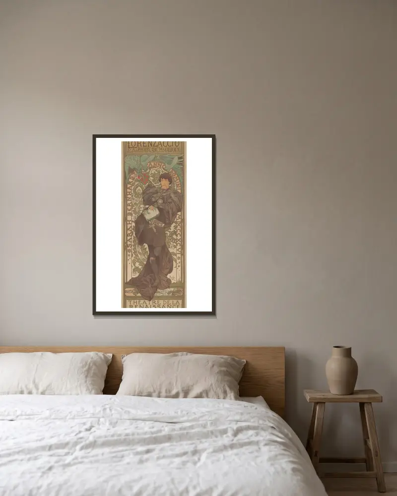 Sarah Bernhardt i Lorenzaccio, Théâtre de la Renaissance av Alphonse Mucha inramad på en vägg