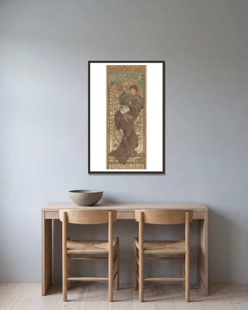 Sarah Bernhardt i Lorenzaccio, Théâtre de la Renaissance av Alphonse Mucha inramad på en vägg