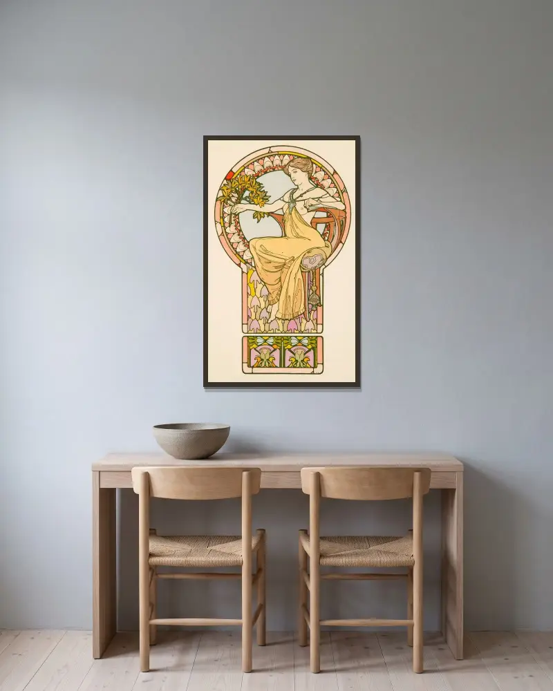 Seated Woman, plate no. 48 from Documents Décoratifs av Alphonse Mucha inramad på en vägg