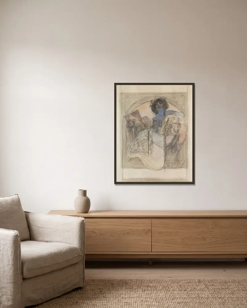 Sedící žena – studie k plakátu av Alphonse Mucha inramad på en vägg