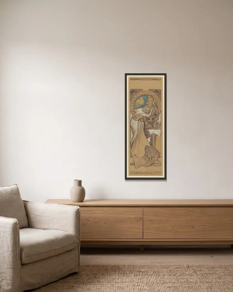Services secret – maquette d’affiche – Lucien Guitry et Berthe Bovy av Alphonse Mucha inramad på en vägg
