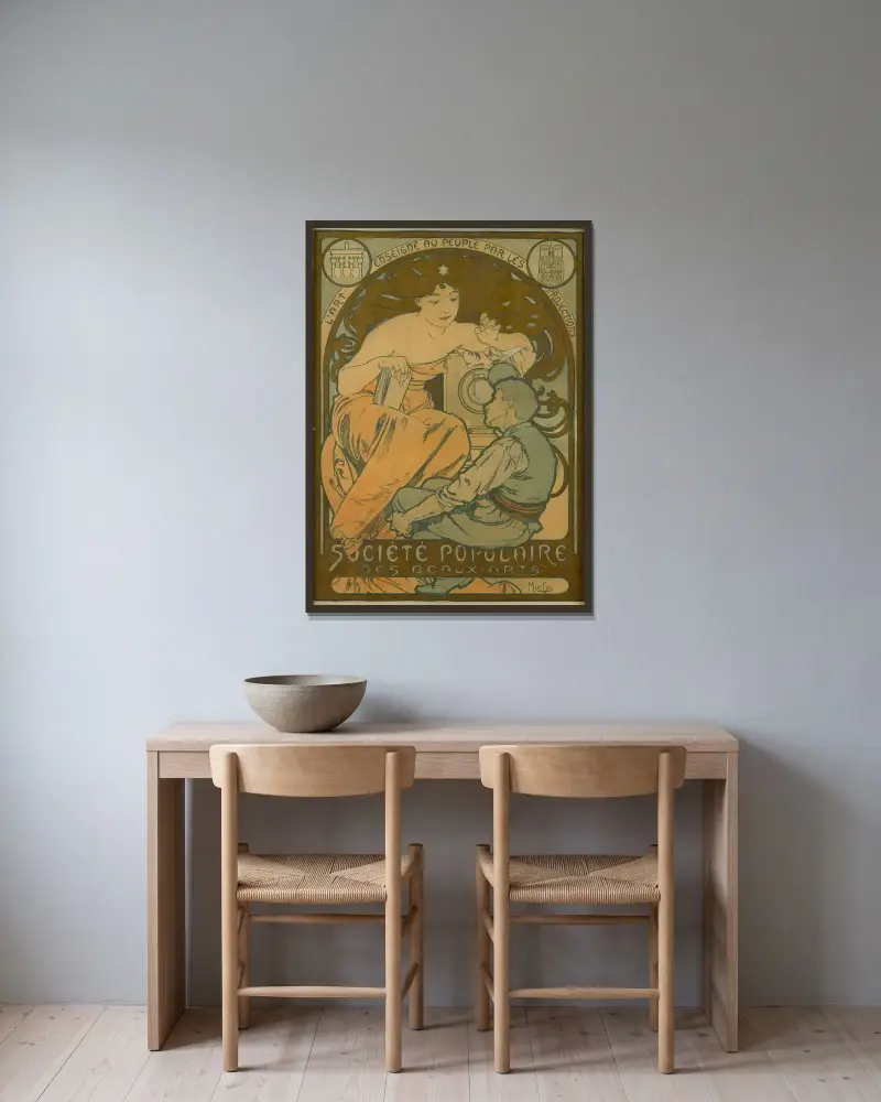 Société Populaire Des Beaux-Arts av Alphonse Mucha inramad på en vägg