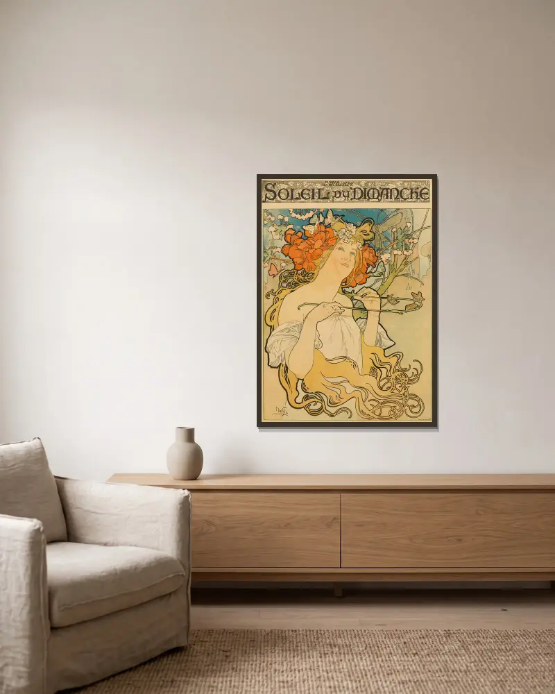 Sonntagssonne von Alphonse Mucha gerahmt an einer Wand