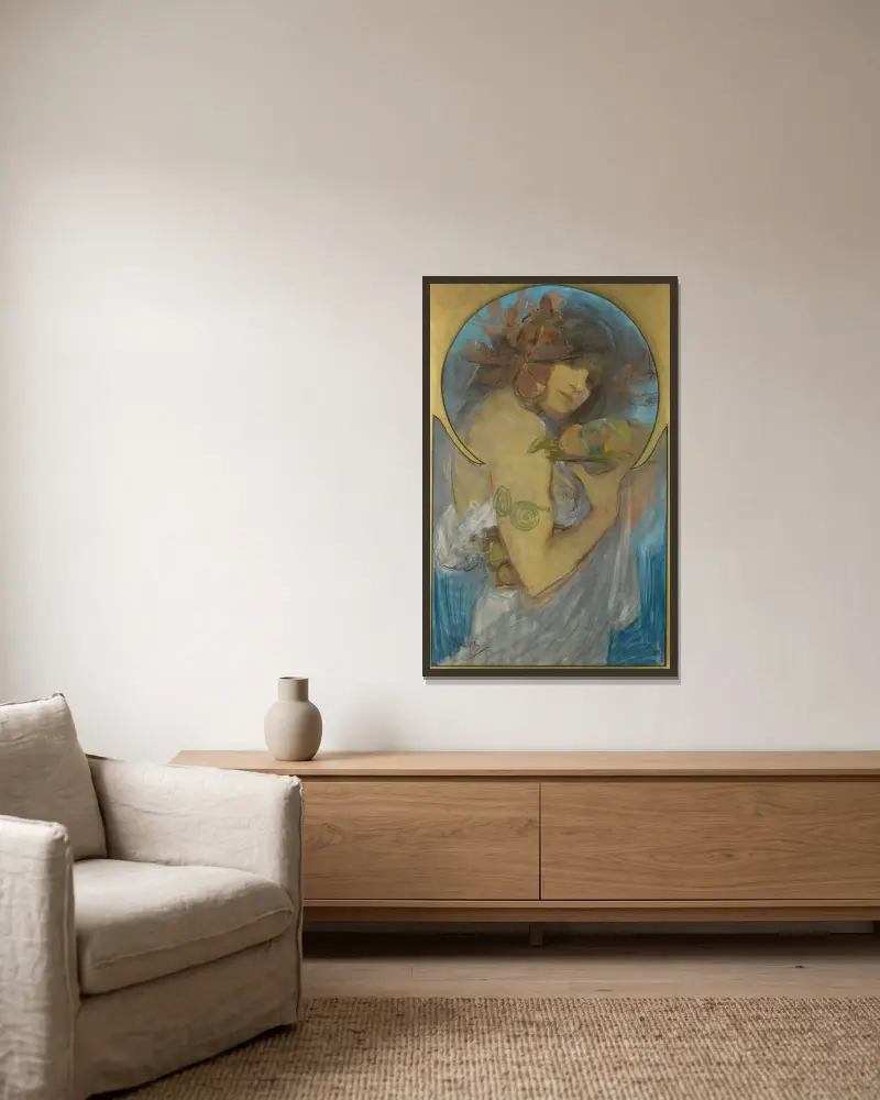 Studie für ein Plakat; Obst von Alphonse Mucha gerahmt an einer Wand