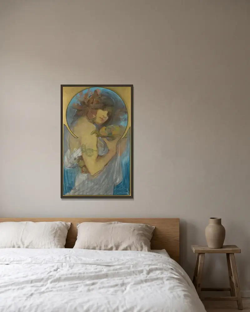 Studie für ein Plakat; Obst von Alphonse Mucha gerahmt an einer Wand