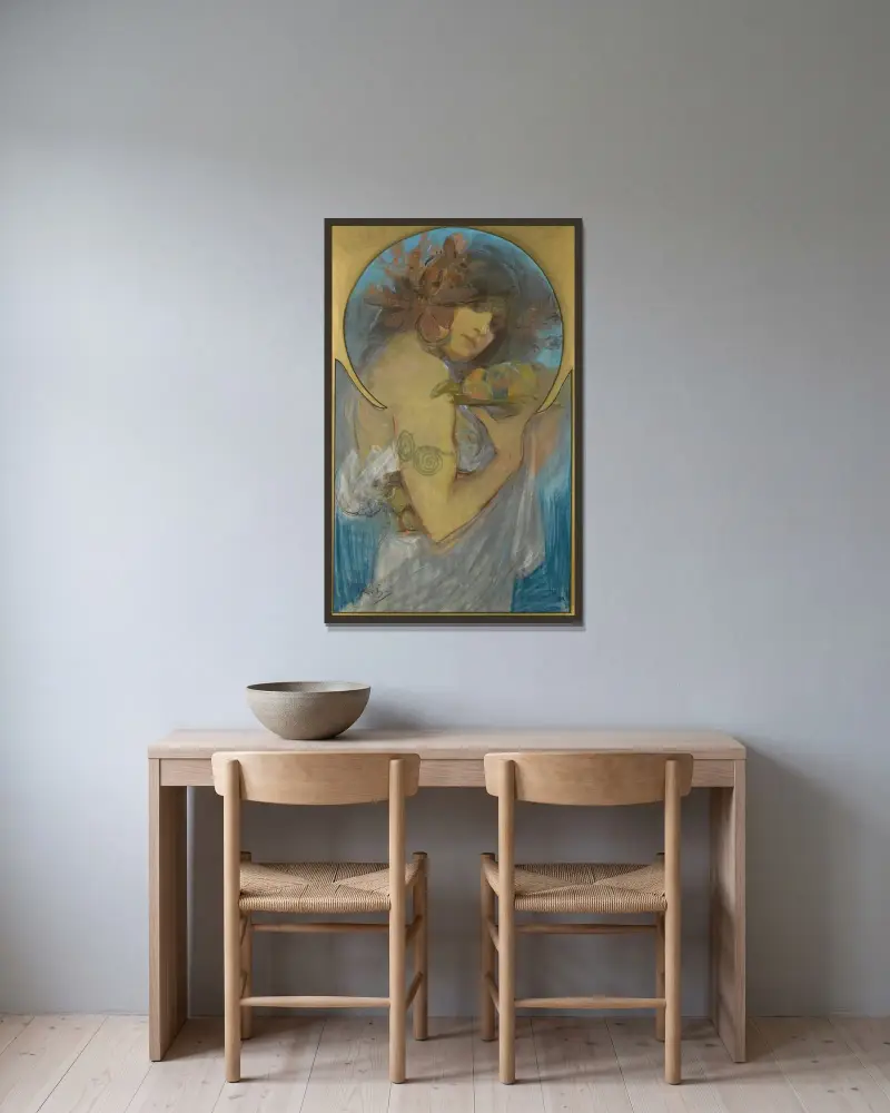 Studie für ein Plakat; Obst von Alphonse Mucha gerahmt an einer Wand
