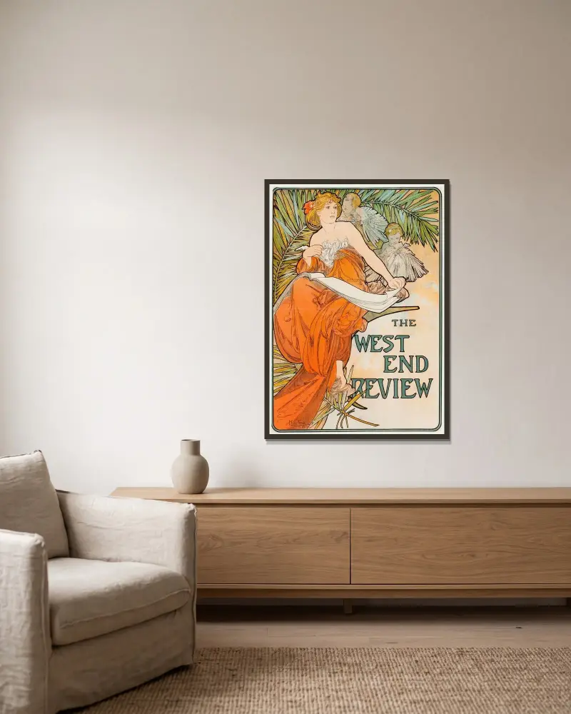 The West End Review von Alphonse Mucha gerahmt an einer Wand