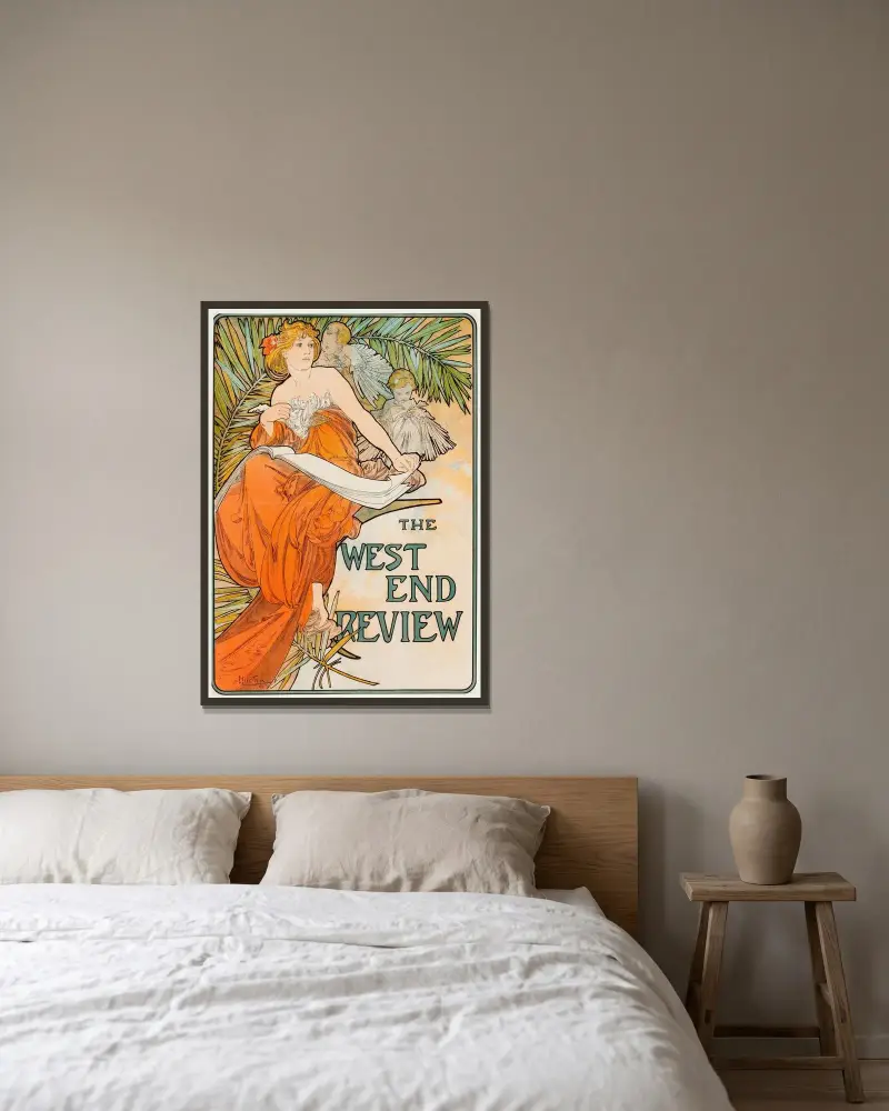 The West End Review von Alphonse Mucha gerahmt an einer Wand