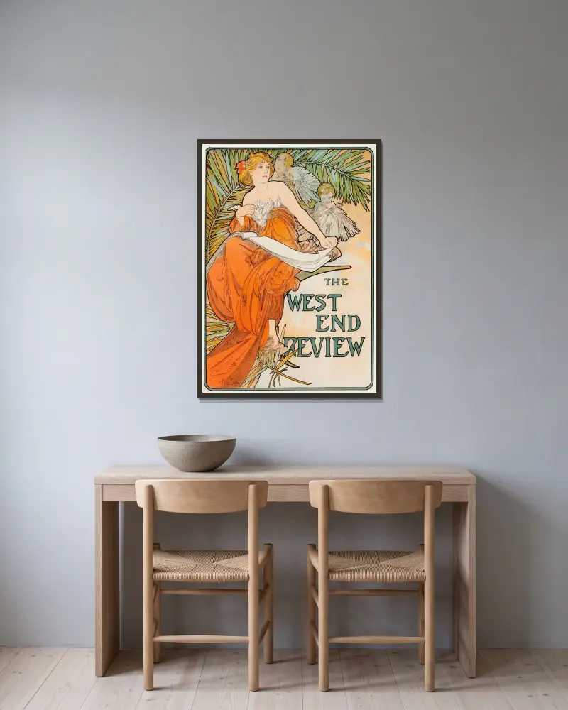 The West End Review von Alphonse Mucha gerahmt an einer Wand