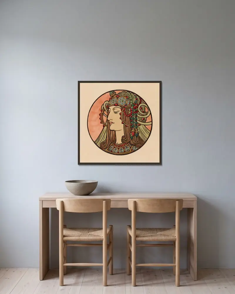 Vitrail pour la façade de la boutique Fouquet – nr 4 av Alphonse Mucha inramad på en vägg