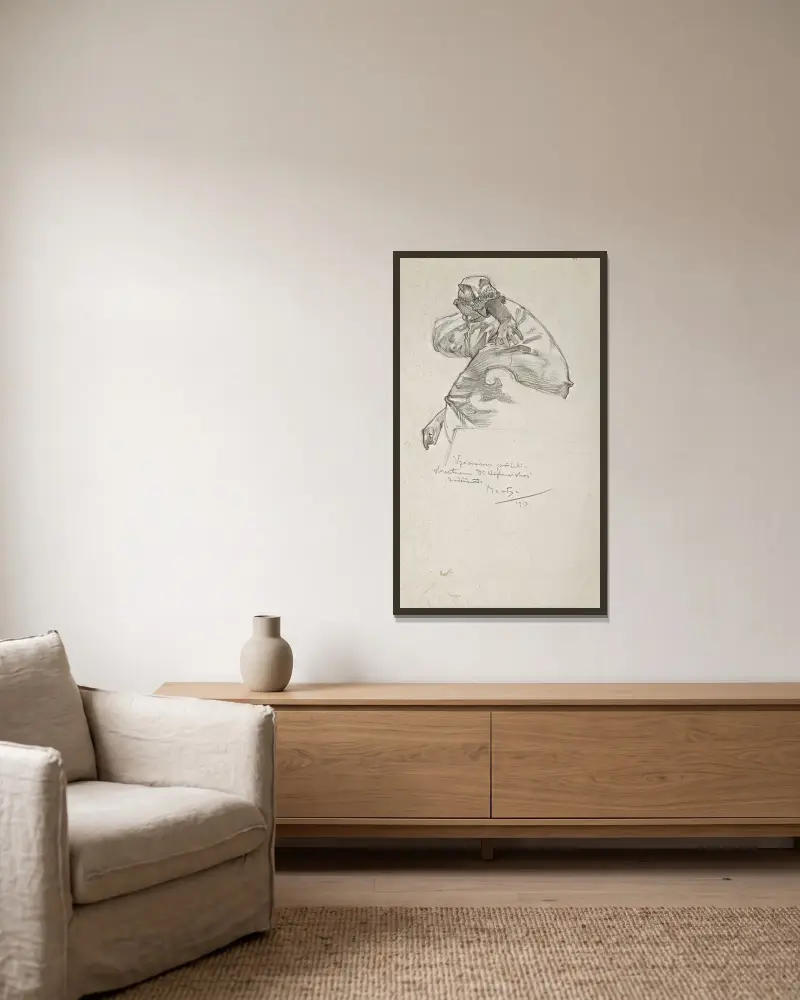 Frau, die sich vorbeugt von Alphonse Mucha gerahmt an einer Wand