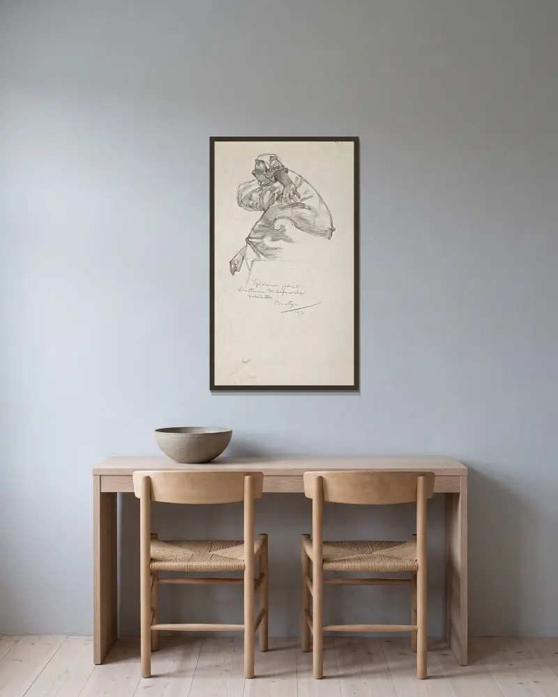 Frau, die sich vorbeugt von Alphonse Mucha gerahmt an einer Wand