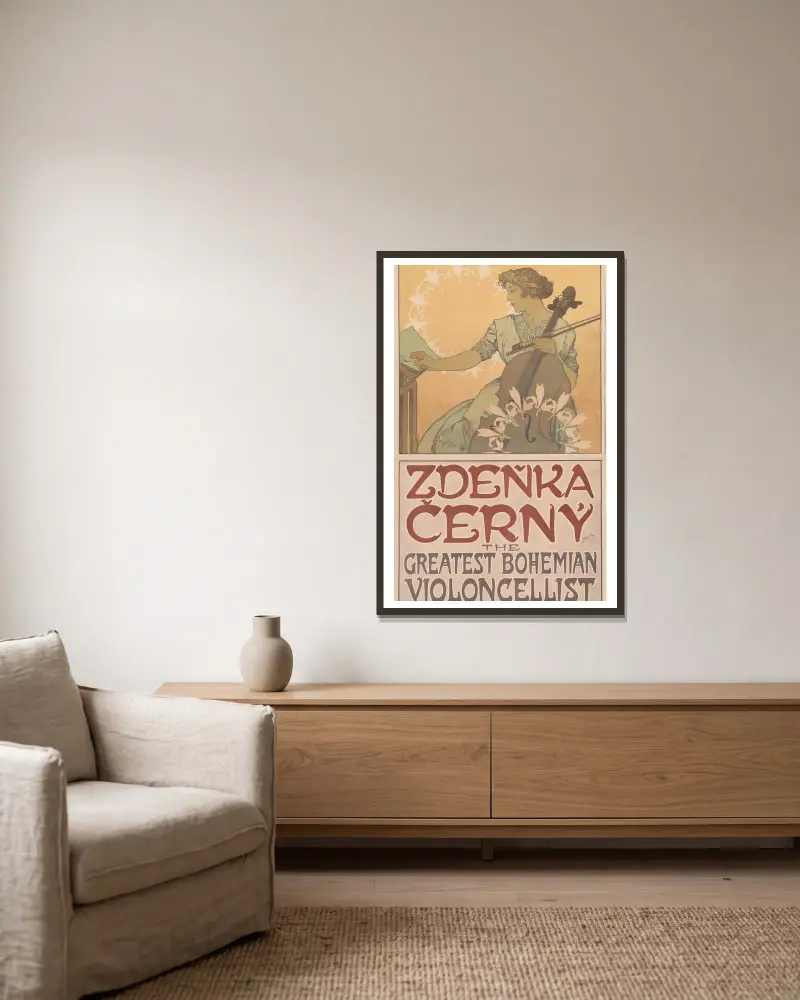 Zdeňka Černý The greatest Bohemian violoncellist av Alphonse Mucha inramad på en vägg