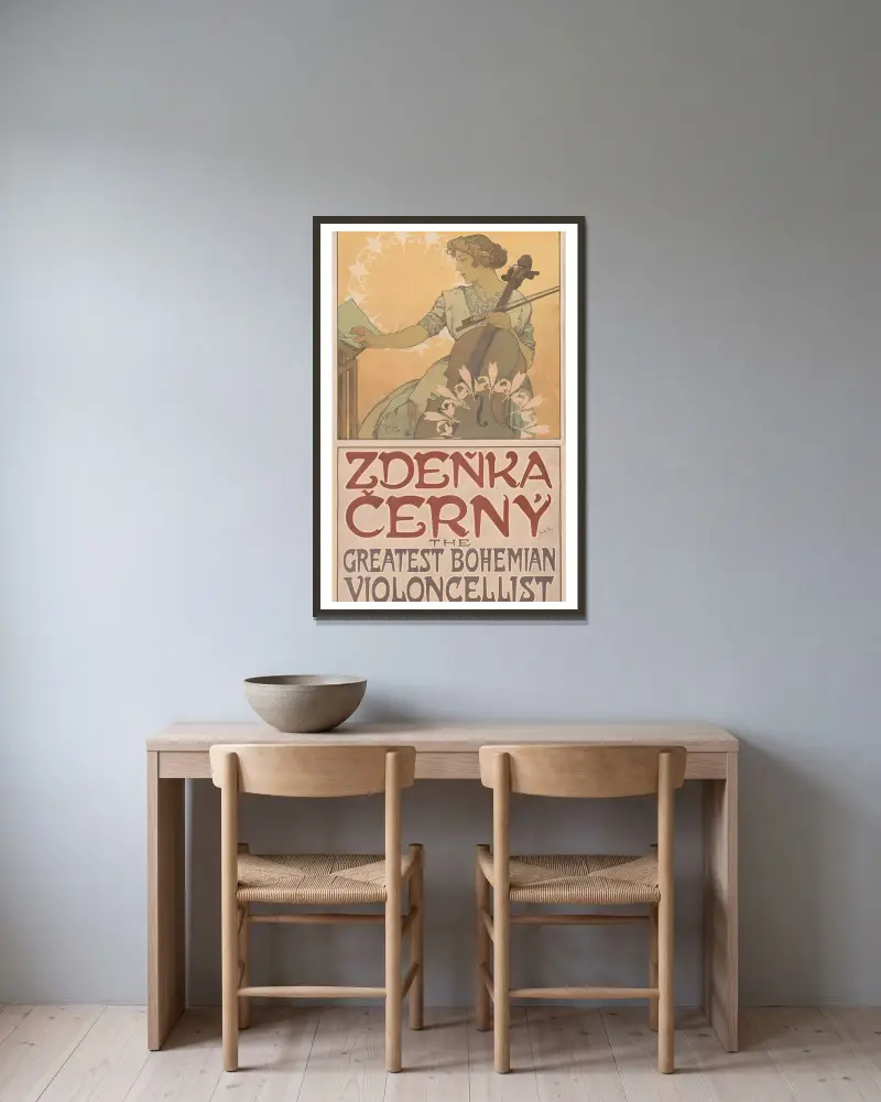 Zdeňka Černý The greatest Bohemian violoncellist av Alphonse Mucha inramad på en vägg