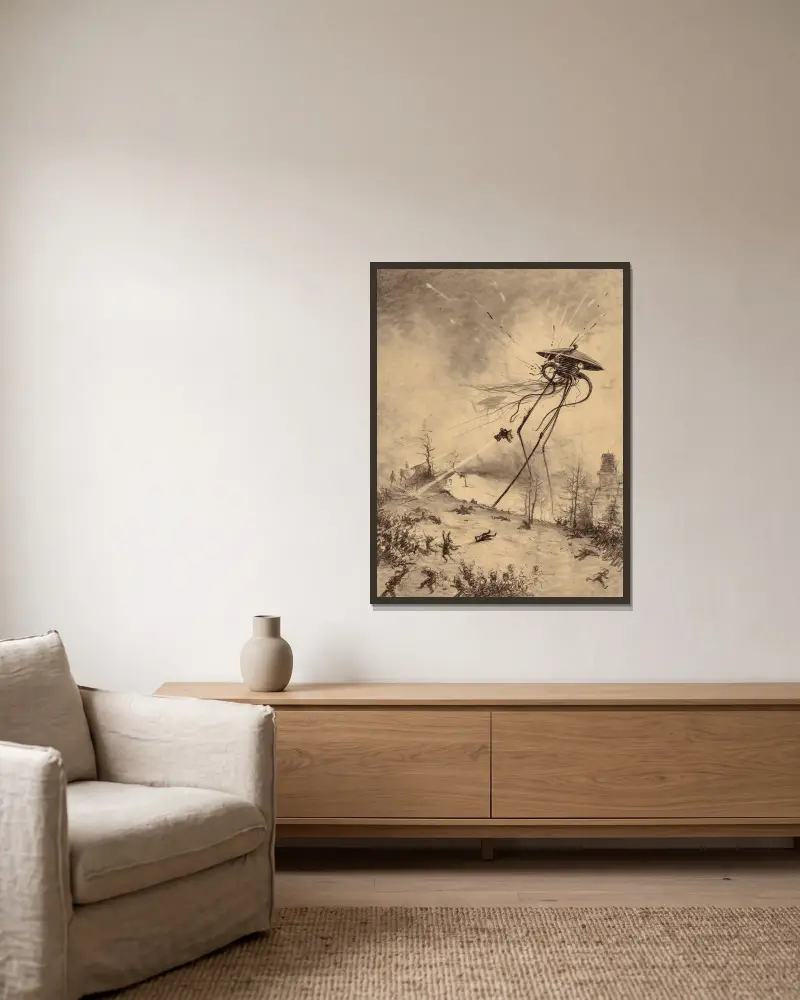 Marsianische Kampfmaschine von Granate getroffen von Henrique Alvim Corrêa gerahmt an einer Wand