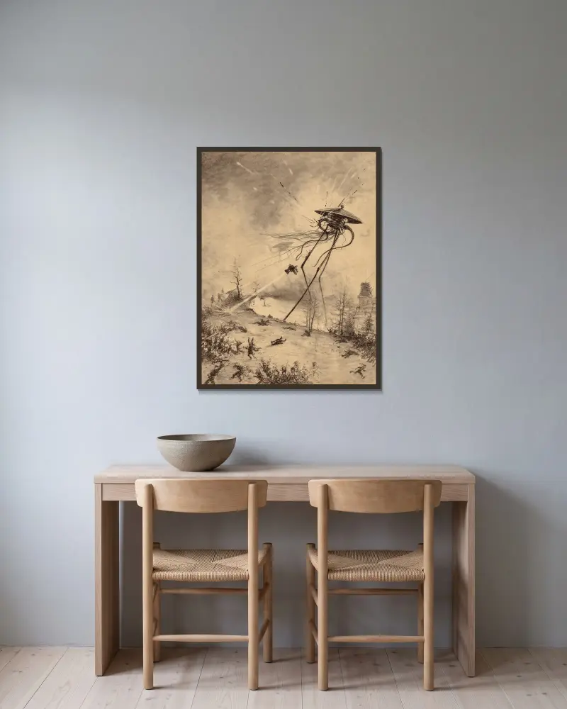 Marsianische Kampfmaschine von Granate getroffen von Henrique Alvim Corrêa gerahmt an einer Wand