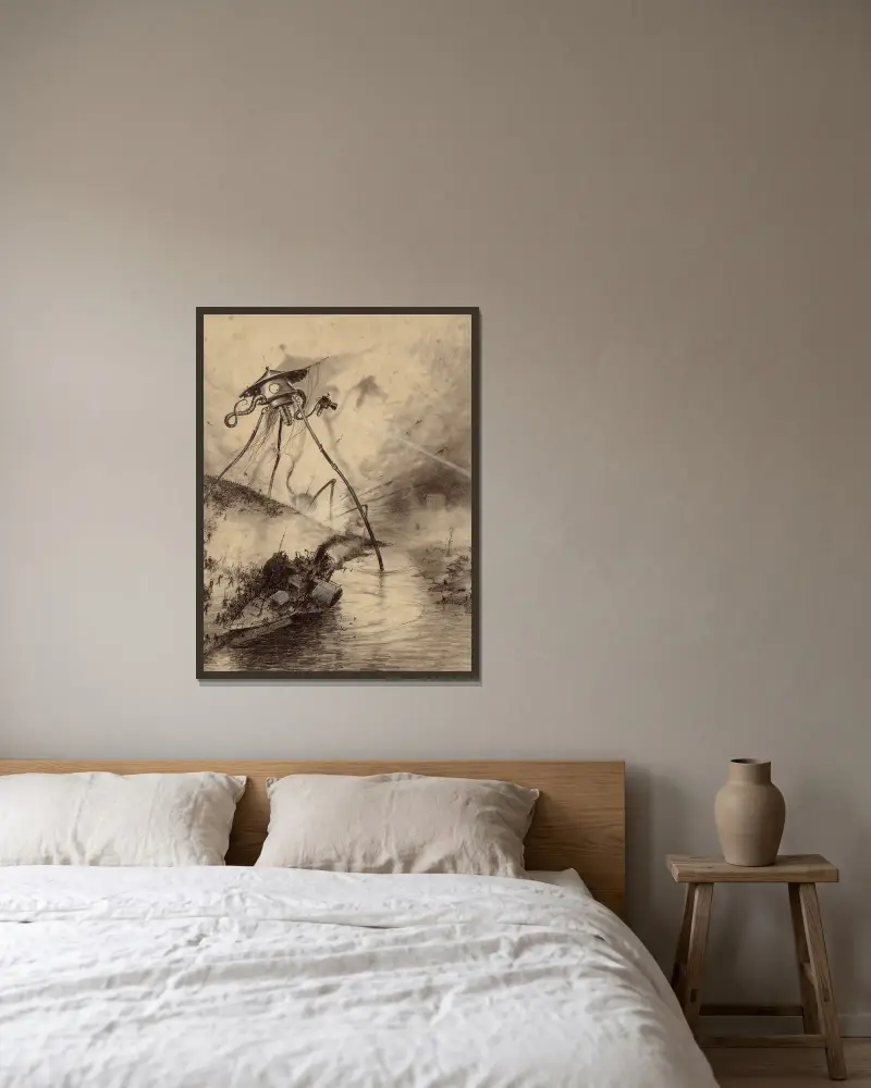 Martian Fighting Machine in the Thames Valley av Henrique Alvim Corrêa inramad på en vägg