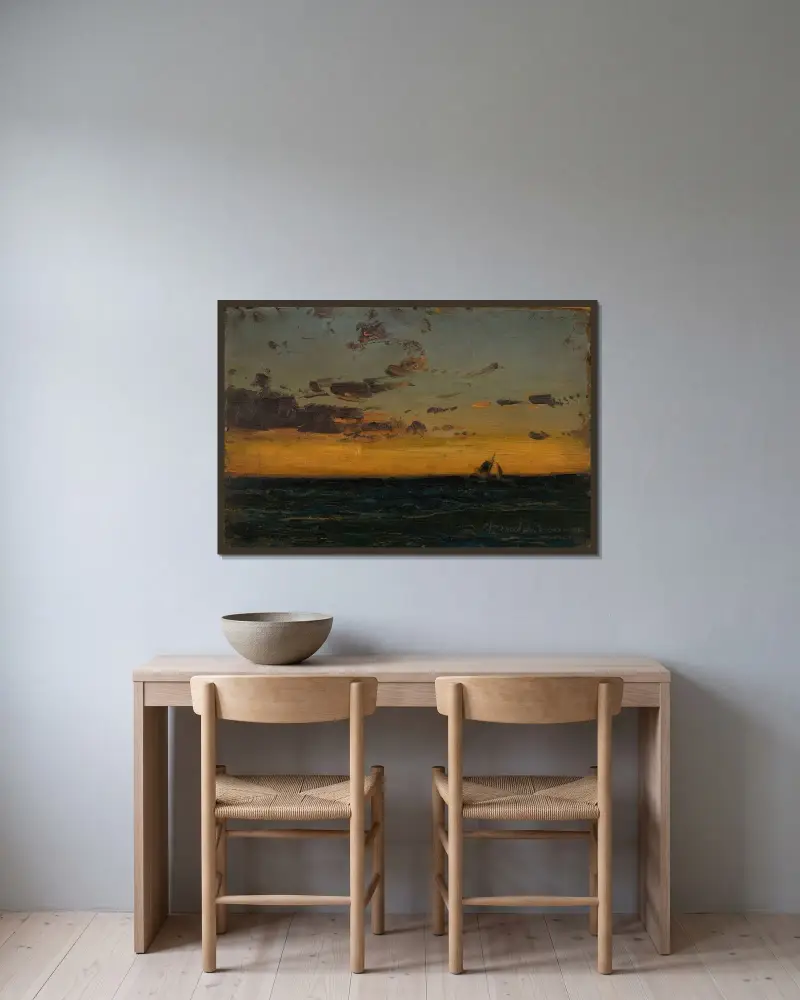 Aftonhimmel av Amaldus Nielsen inramad på en vägg