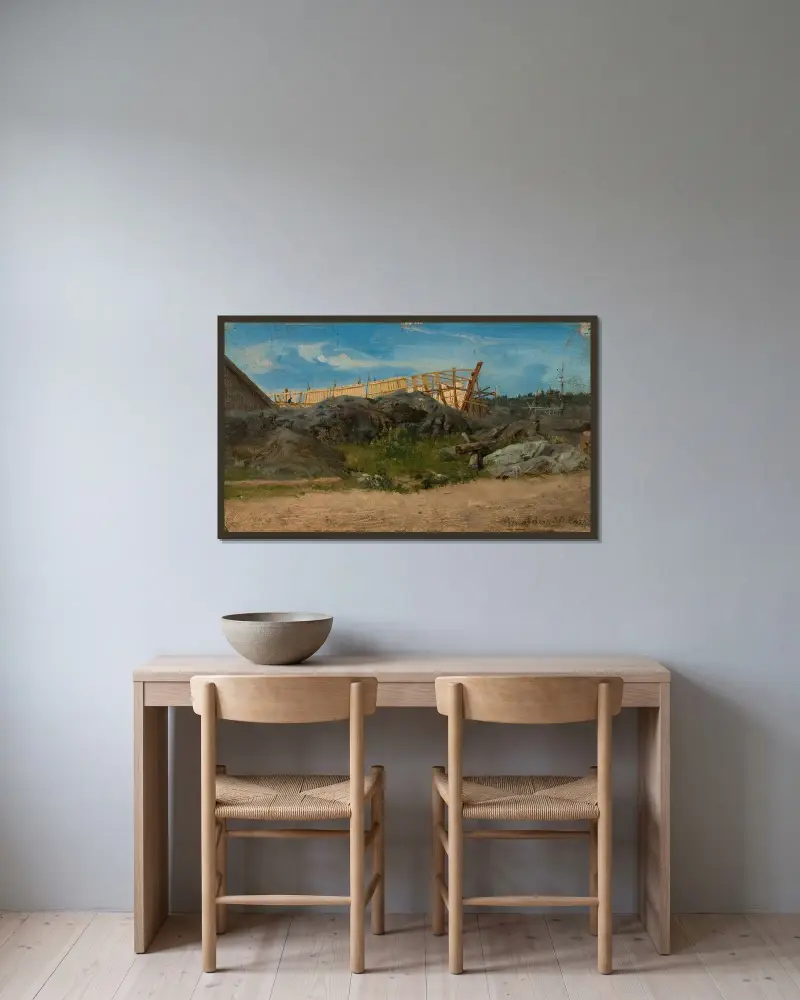 Båtbyggeri, Lillesand av Amaldus Nielsen inramad på en vägg