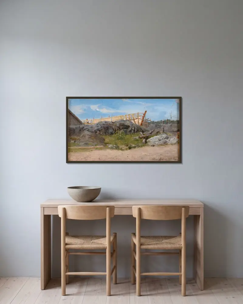 Båtbyggeri, Lillesand av Amaldus Nielsen inramad på en vägg