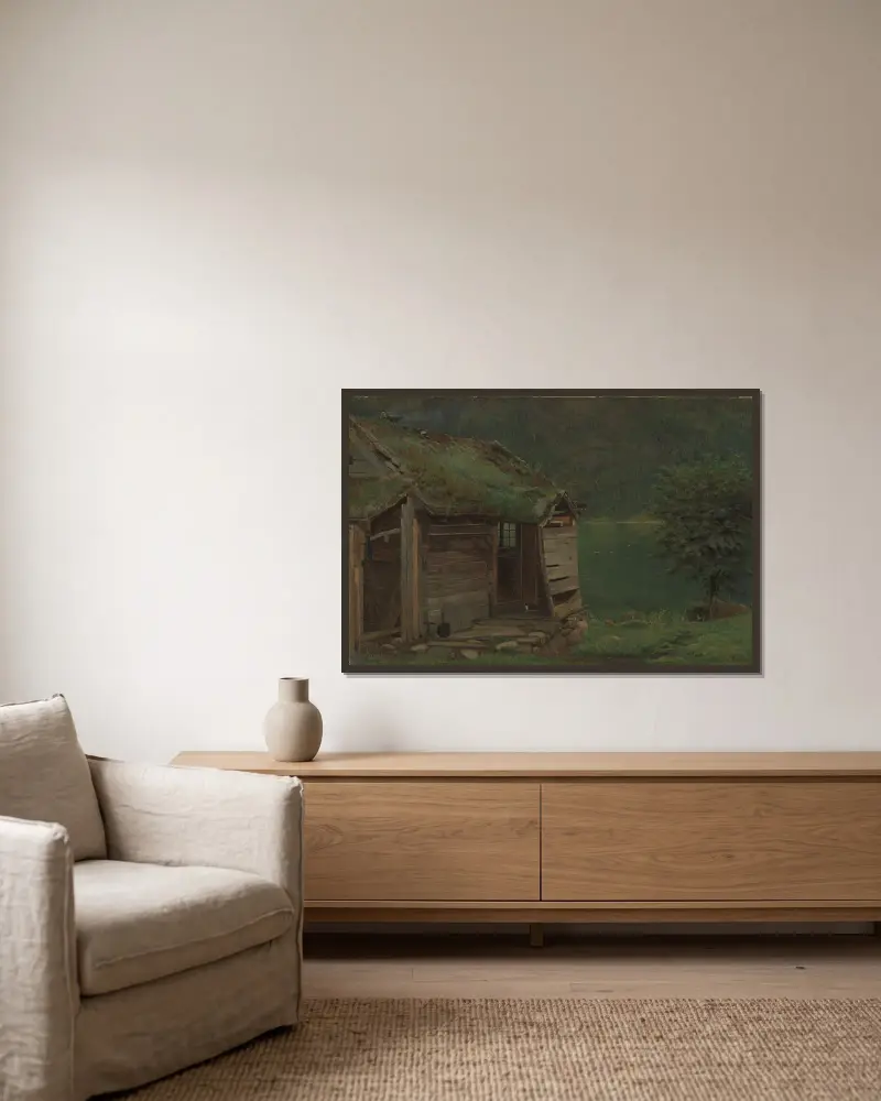 Farmhouse at Balestrand av Amaldus Nielsen inramad på en vägg