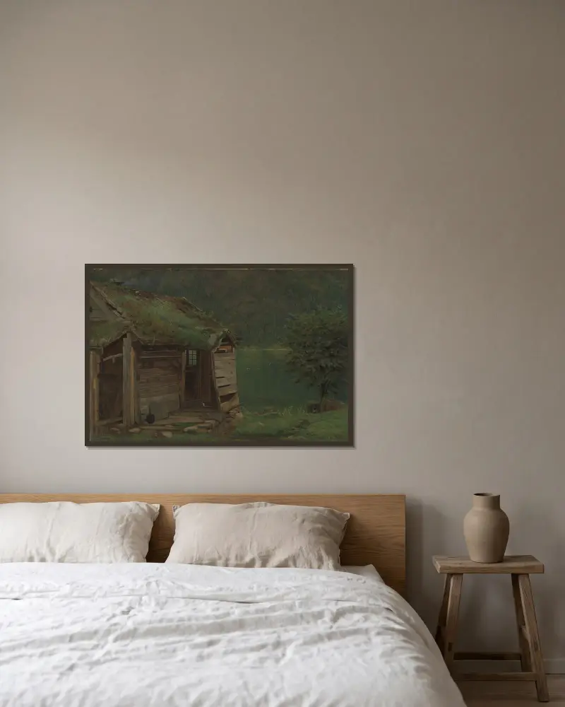 Farmhouse at Balestrand av Amaldus Nielsen inramad på en vägg