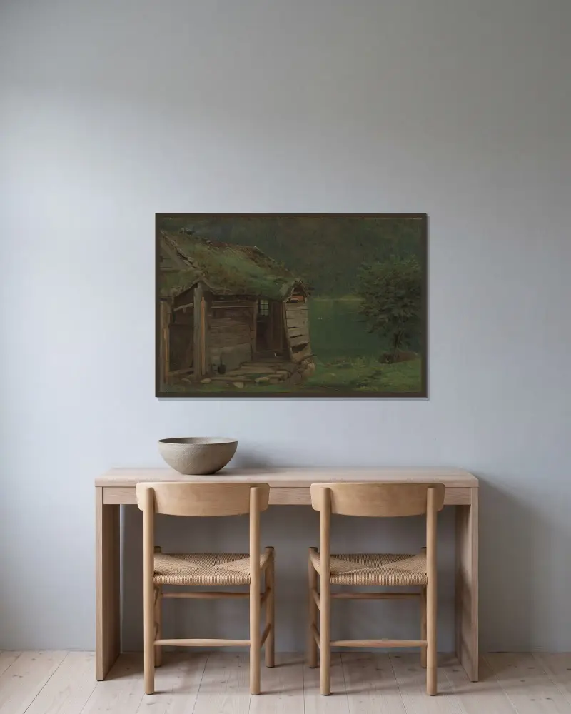 Farmhouse at Balestrand av Amaldus Nielsen inramad på en vägg