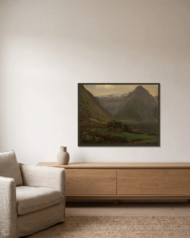 Från Æsefjord, Balestrand av Amaldus Nielsen inramad på en vägg