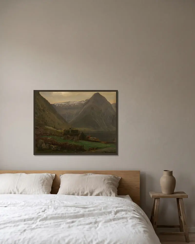 Från Æsefjord, Balestrand av Amaldus Nielsen inramad på en vägg