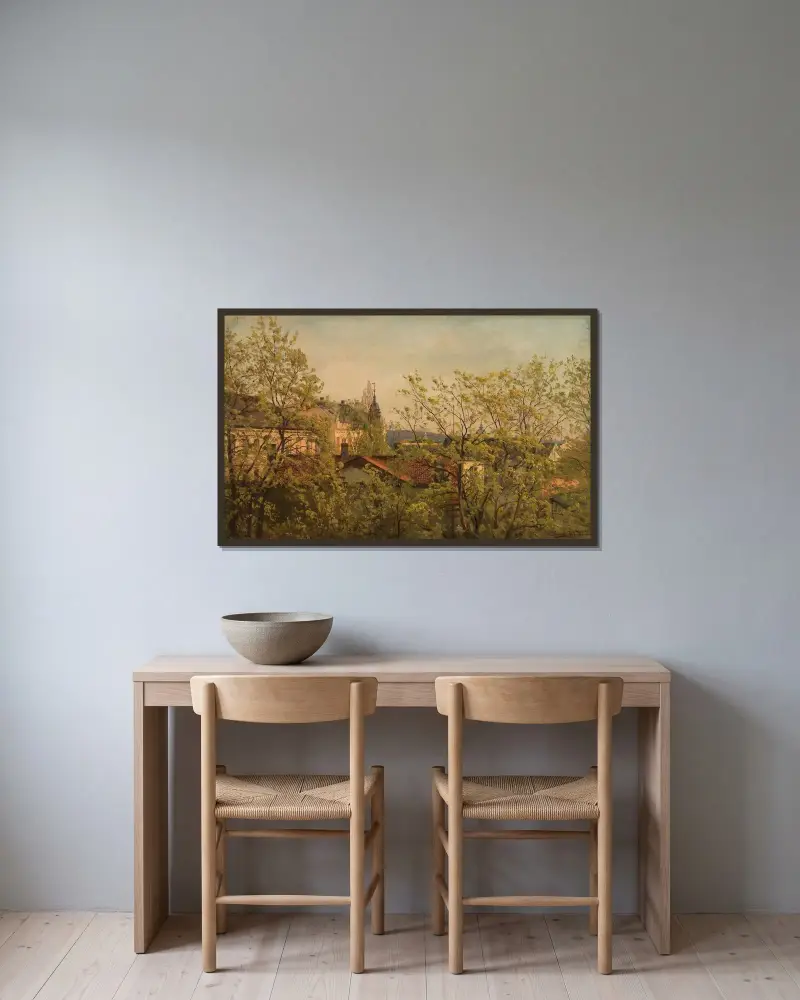 Fra ateliervinduet i mai, Majorstuveien 8 av Amaldus Nielsen inramad på en vägg