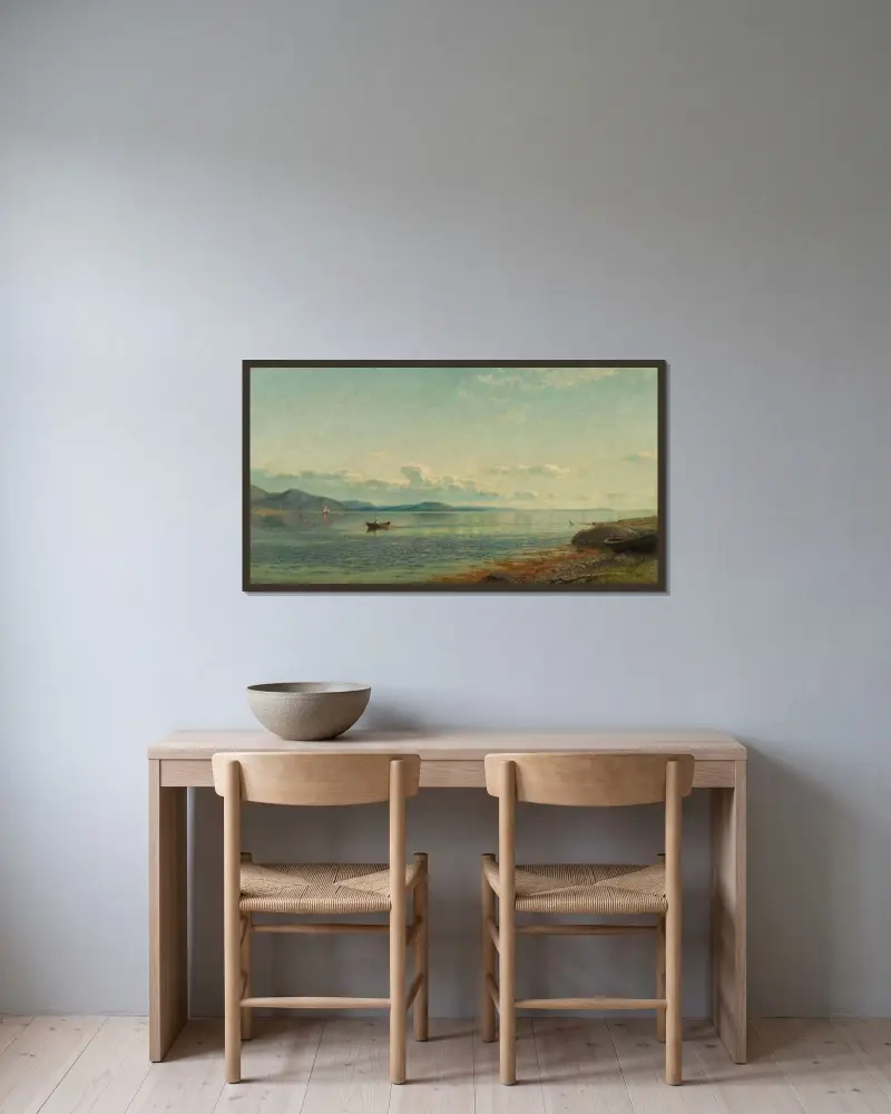 Från Bømmelfjord av Amaldus Nielsen inramad på en vägg