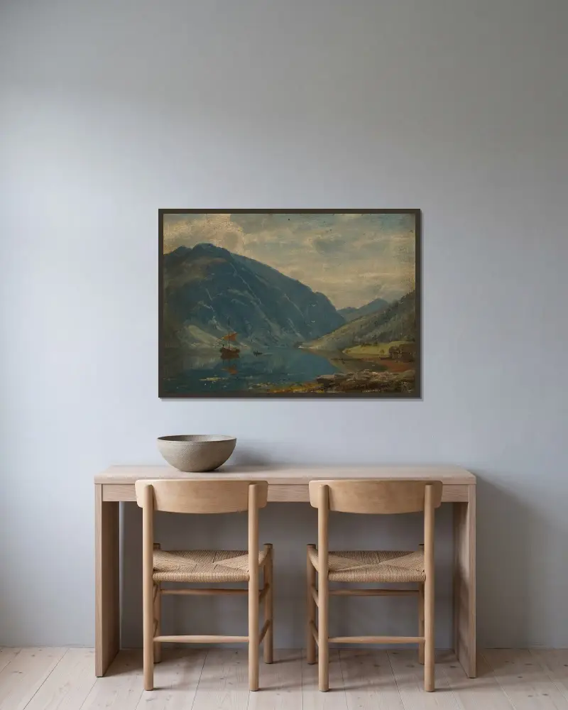 Fra Fjærland av Amaldus Nielsen inramad på en vägg