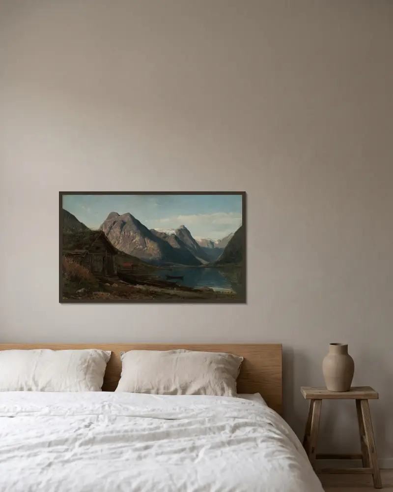 Från Færlandsfjorden (Supphellebreen) av Amaldus Nielsen inramad på en vägg