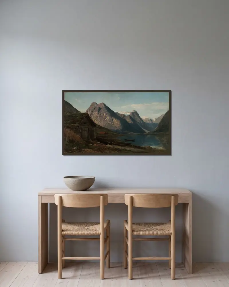 Från Færlandsfjorden (Supphellebreen) av Amaldus Nielsen inramad på en vägg