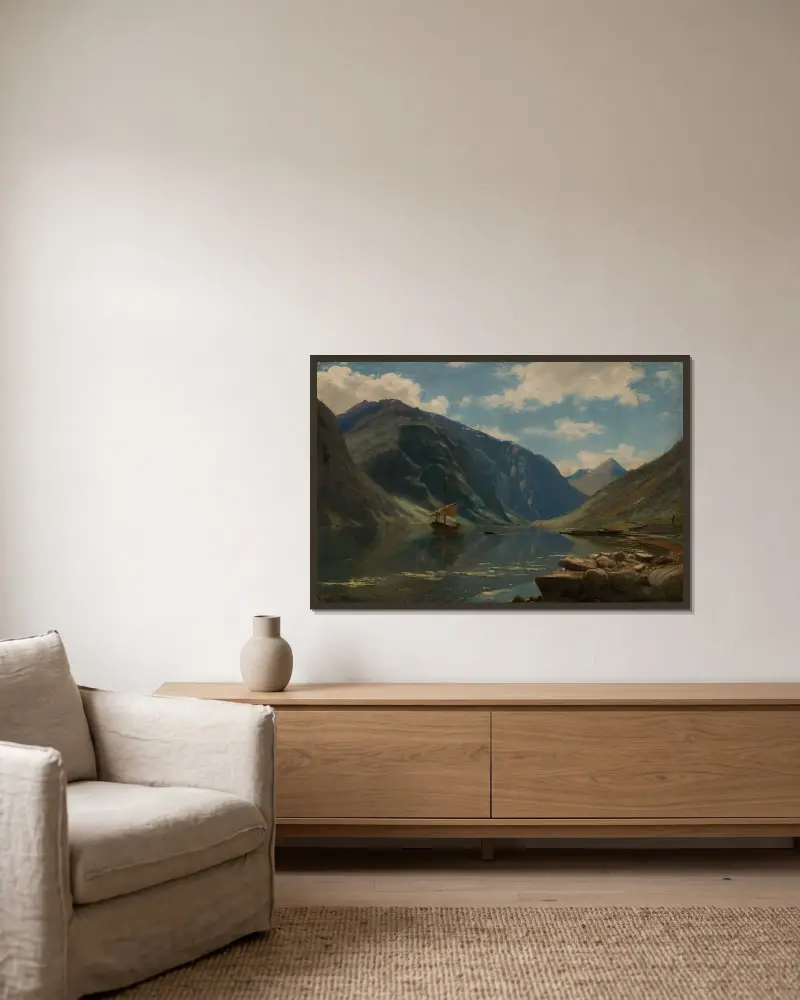 Från Sognefjorden av Amaldus Nielsen inramad på en vägg