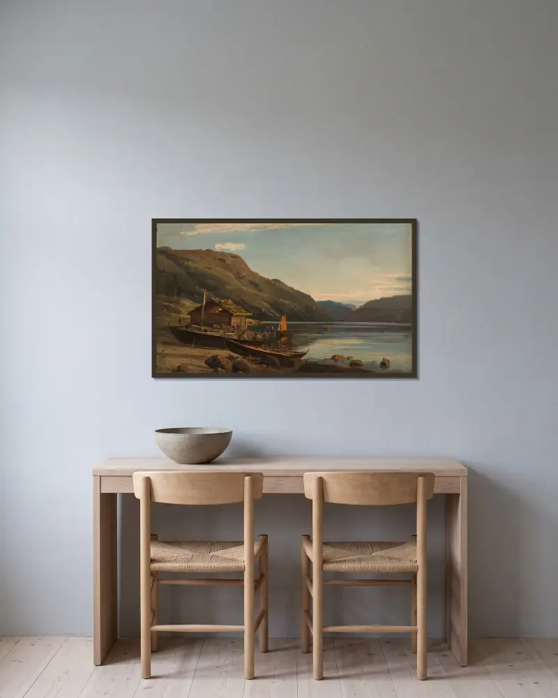 Fra Suldalsvann av Amaldus Nielsen inramad på en vägg