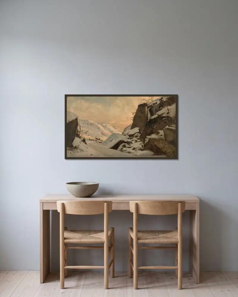 Från Tjensvold, Mandal av Amaldus Nielsen inramad på en vägg