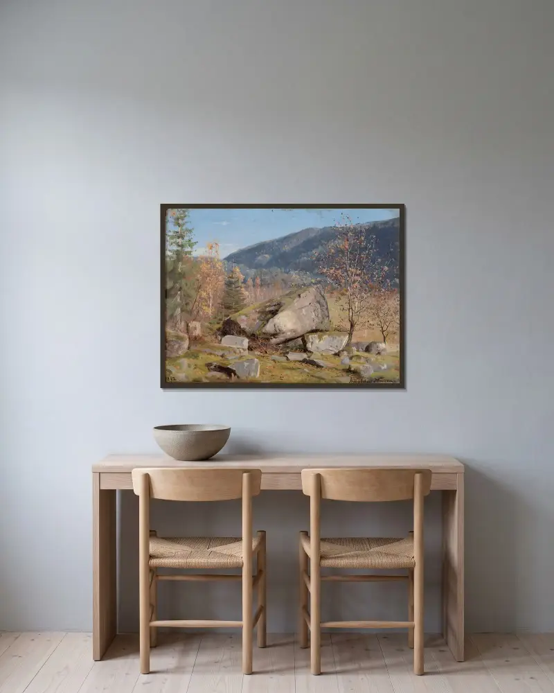 Höstdag. Bjelland, Mandal av Amaldus Nielsen inramad på en vägg