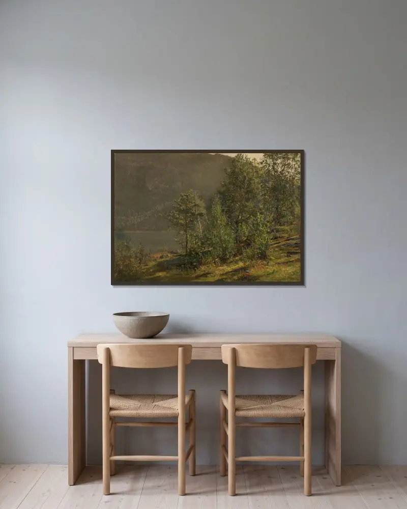 Morgonstämning. Terøen, Hardanger av Amaldus Nielsen inramad på en vägg
