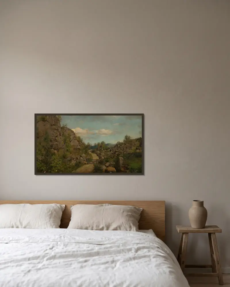 Morgonstämning vid Frøislandsveien, Mandal av Amaldus Nielsen inramad på en vägg
