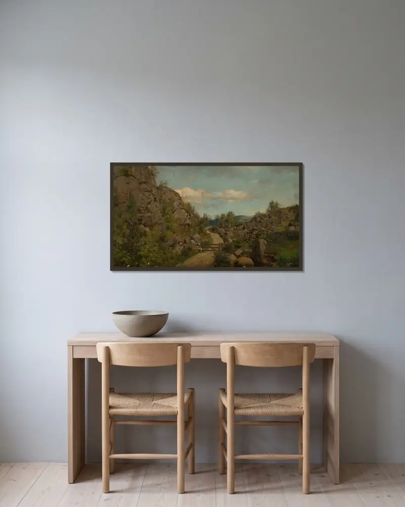 Morgonstämning vid Frøislandsveien, Mandal av Amaldus Nielsen inramad på en vägg