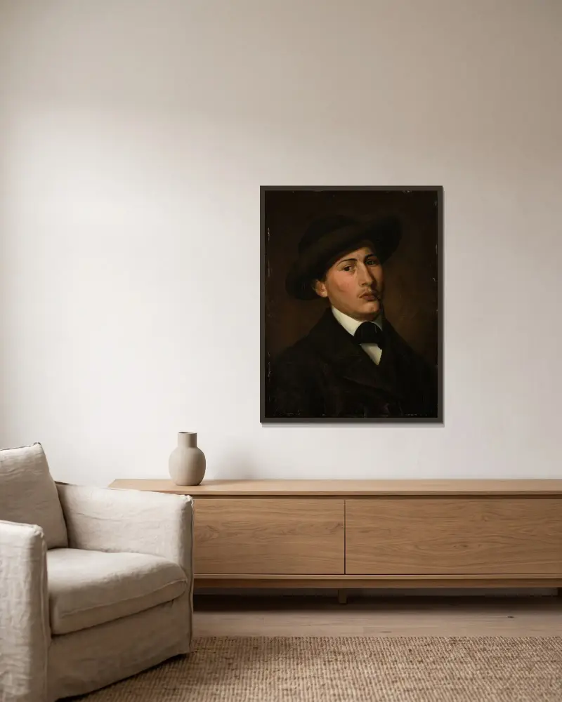 Självporträtt av Amaldus Nielsen inramad på en vägg
