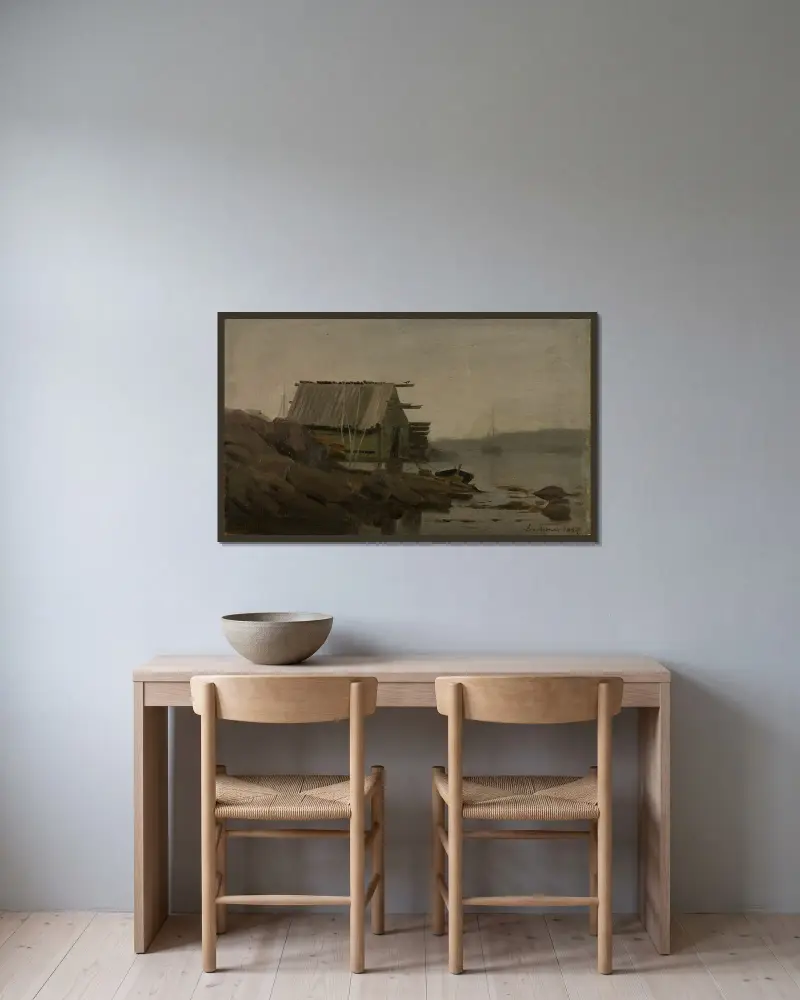 Sjøbod, Lindesnes av Amaldus Nielsen inramad på en vägg