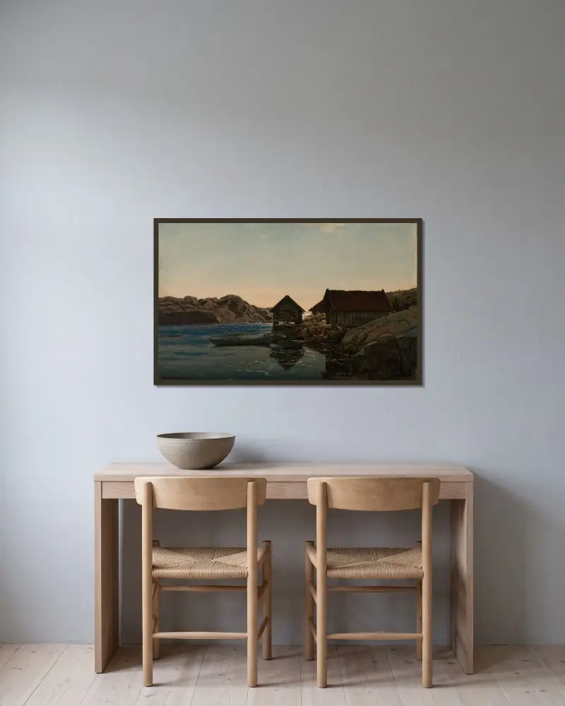 Sjøboder, Lindesnes av Amaldus Nielsen inramad på en vägg