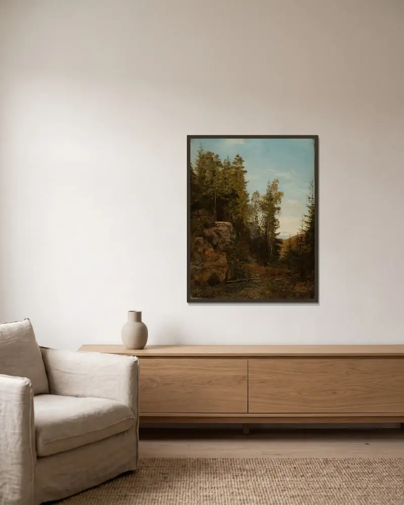Waldinterieur. Bjelland, Mandal von Amaldus Nielsen gerahmt an einer Wand