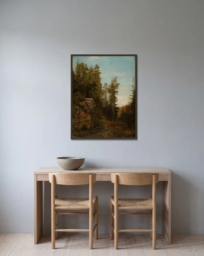 Waldinterieur. Bjelland, Mandal von Amaldus Nielsen gerahmt an einer Wand