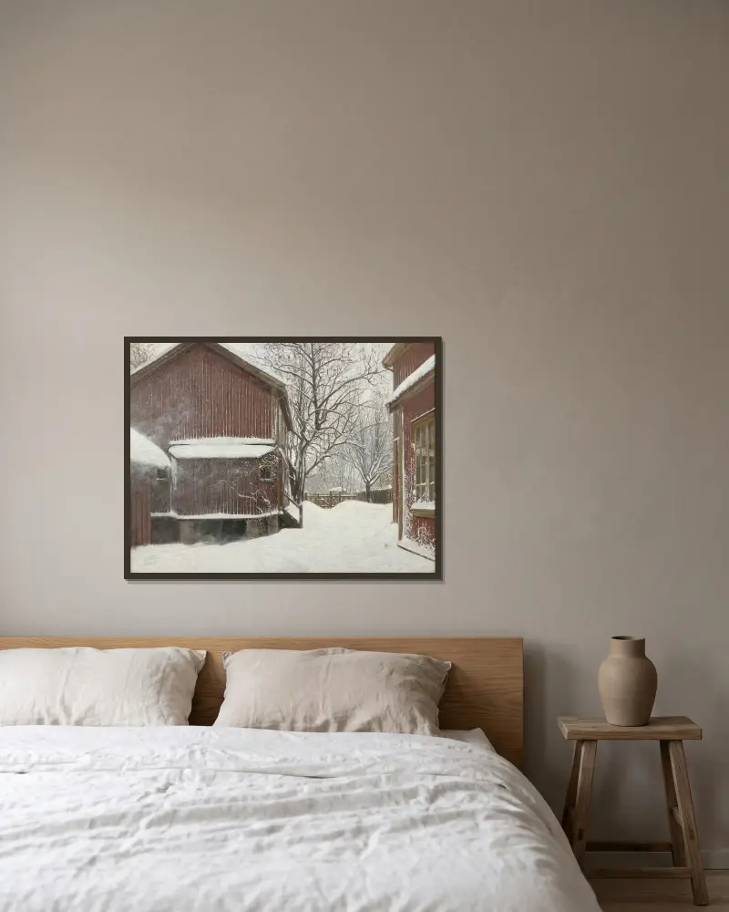 Snöfokk i Majorstuveien 8 av Amaldus Nielsen inramad på en vägg