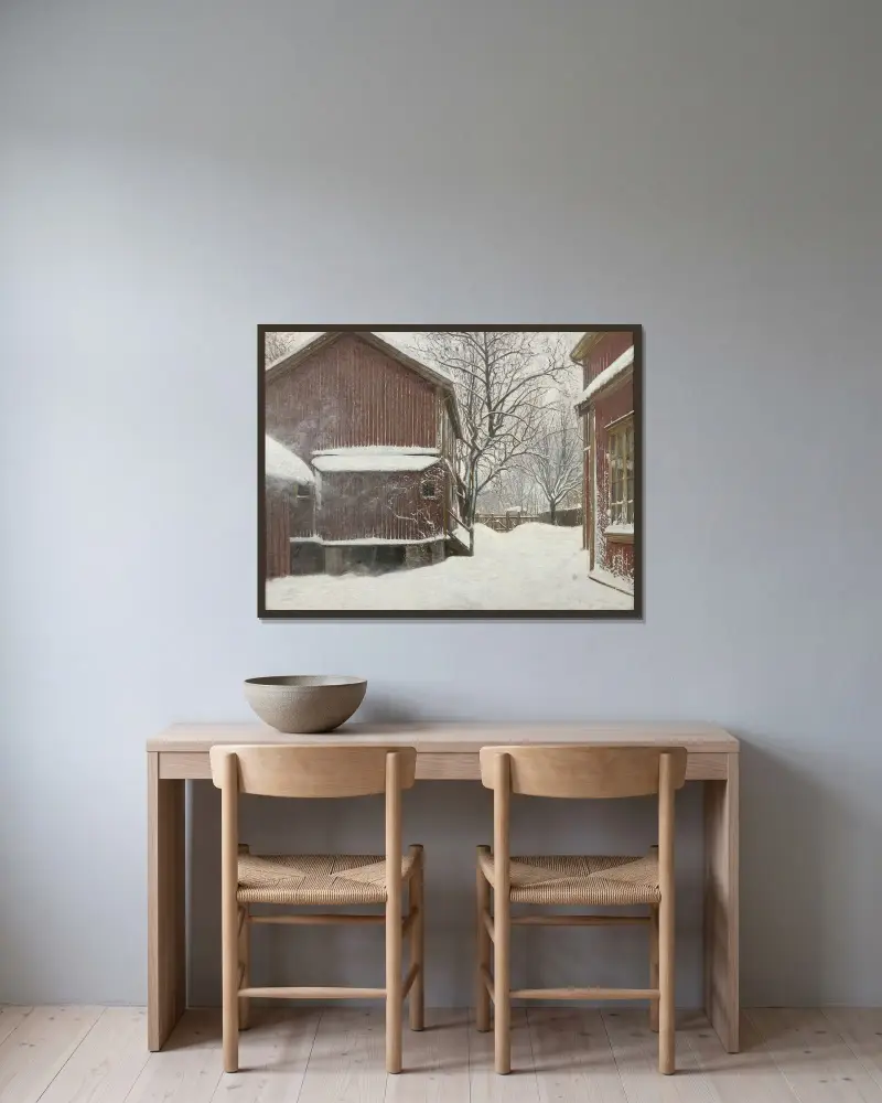 Snöfokk i Majorstuveien 8 av Amaldus Nielsen inramad på en vägg