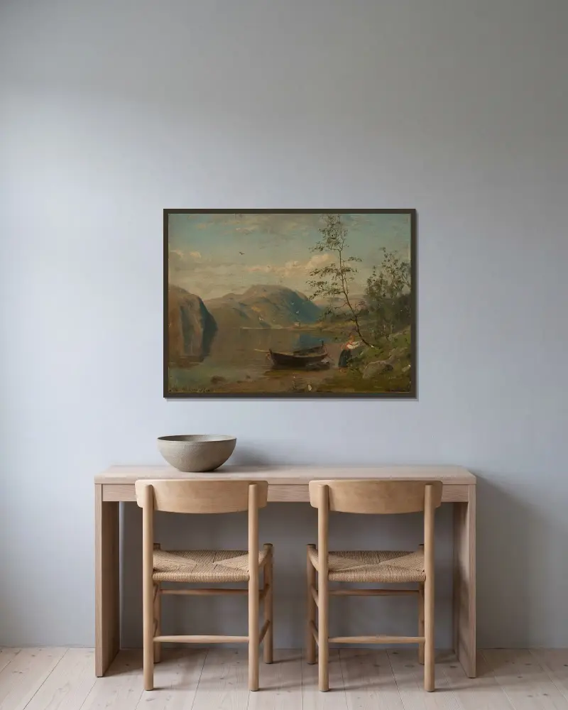 Strandparti, Hardanger av Amaldus Nielsen inramad på en vägg
